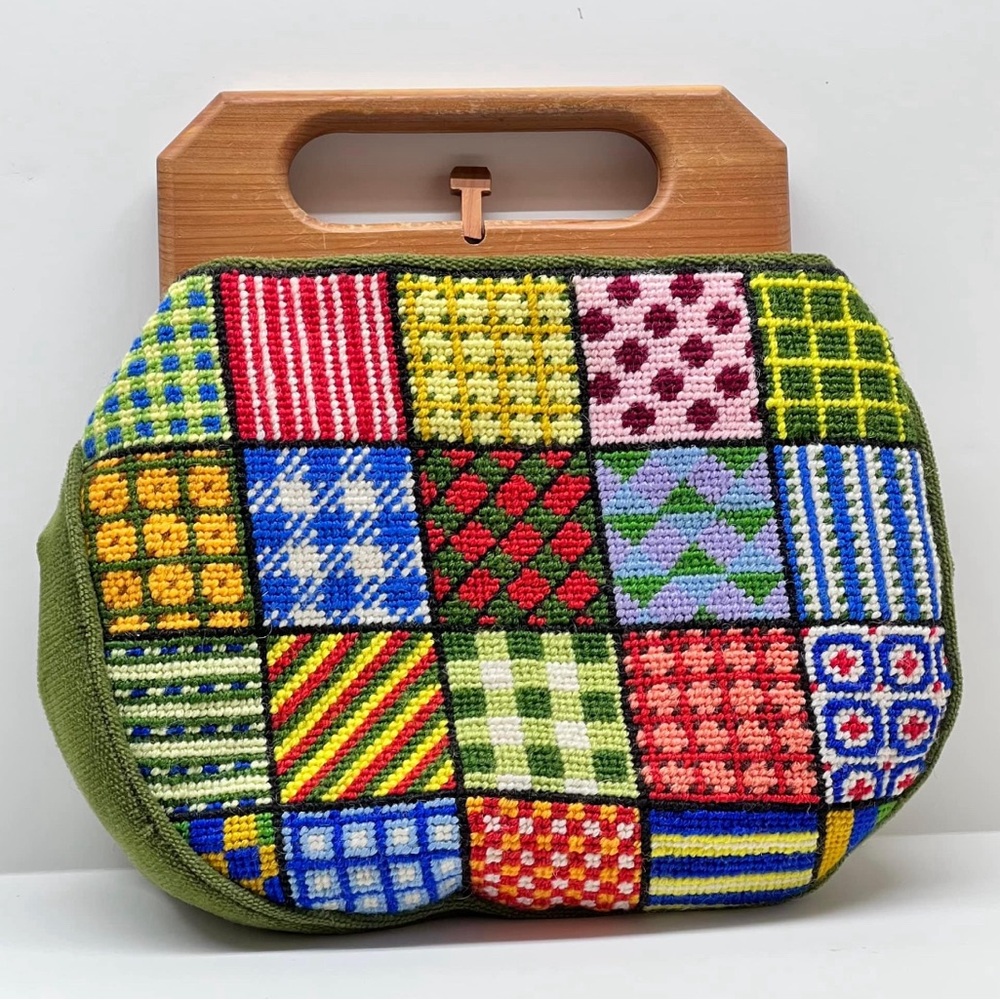 Vintage needlepoint handbag purse colorful patchwork